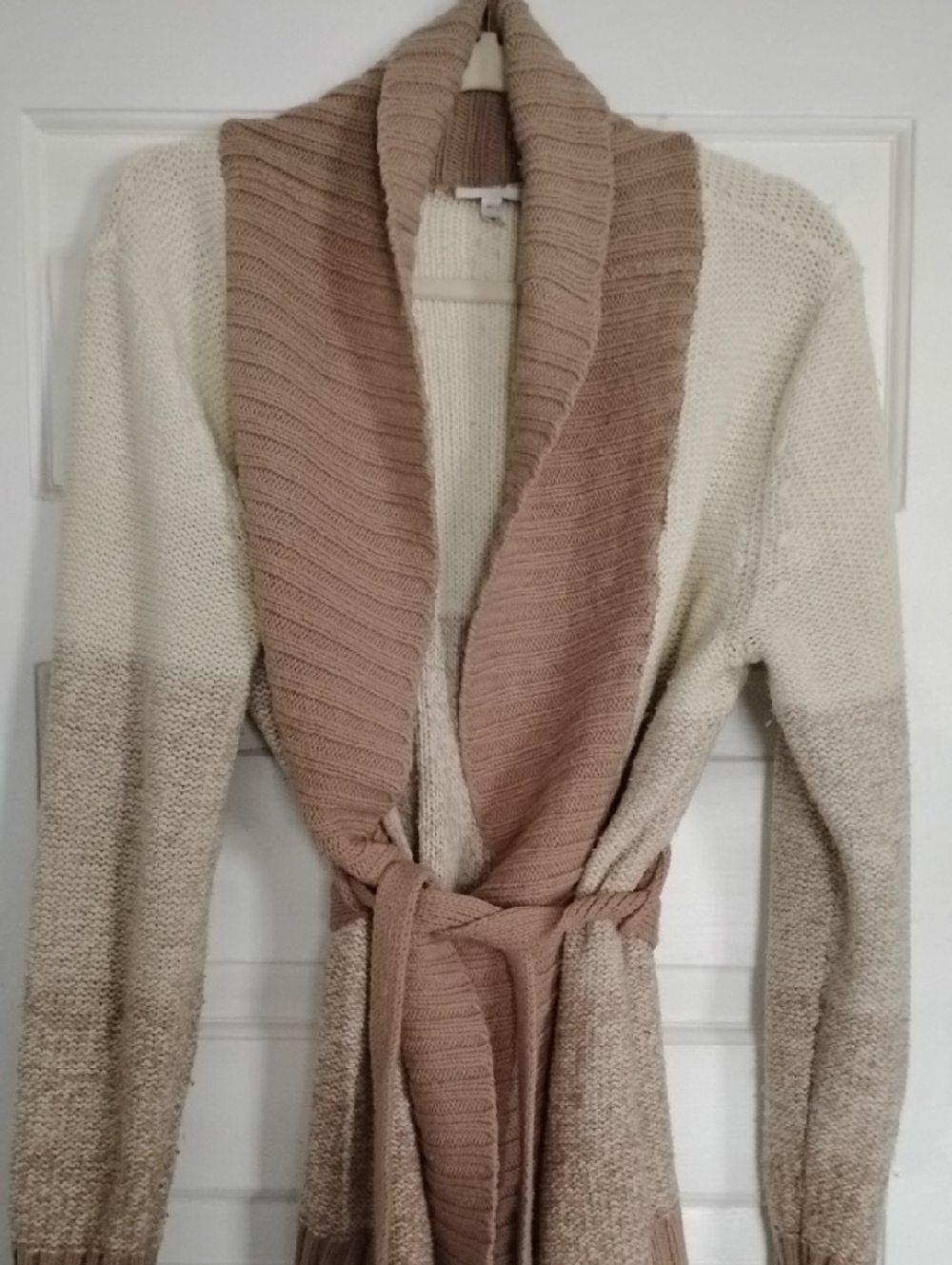 Fashion Bug Cream and Taupe Belted Shawl Collar Cardigan